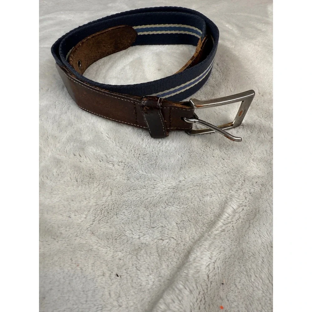 Eddie Bauer Mens Webbed Canvas Belt Navy Blue Striped Leather Trim Brown 46 Inch